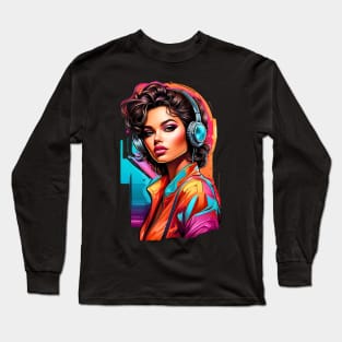 Chic girl with headphones retro vintage 80s design Long Sleeve T-Shirt